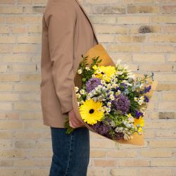 Trendy FLOWR buket. Buket med lilla, blå, gule og hvide blomster
Send blomster til en, du holder af. Priser er altid inkl. kort og levering. Hurtig levering. Blomsterlevering til døren